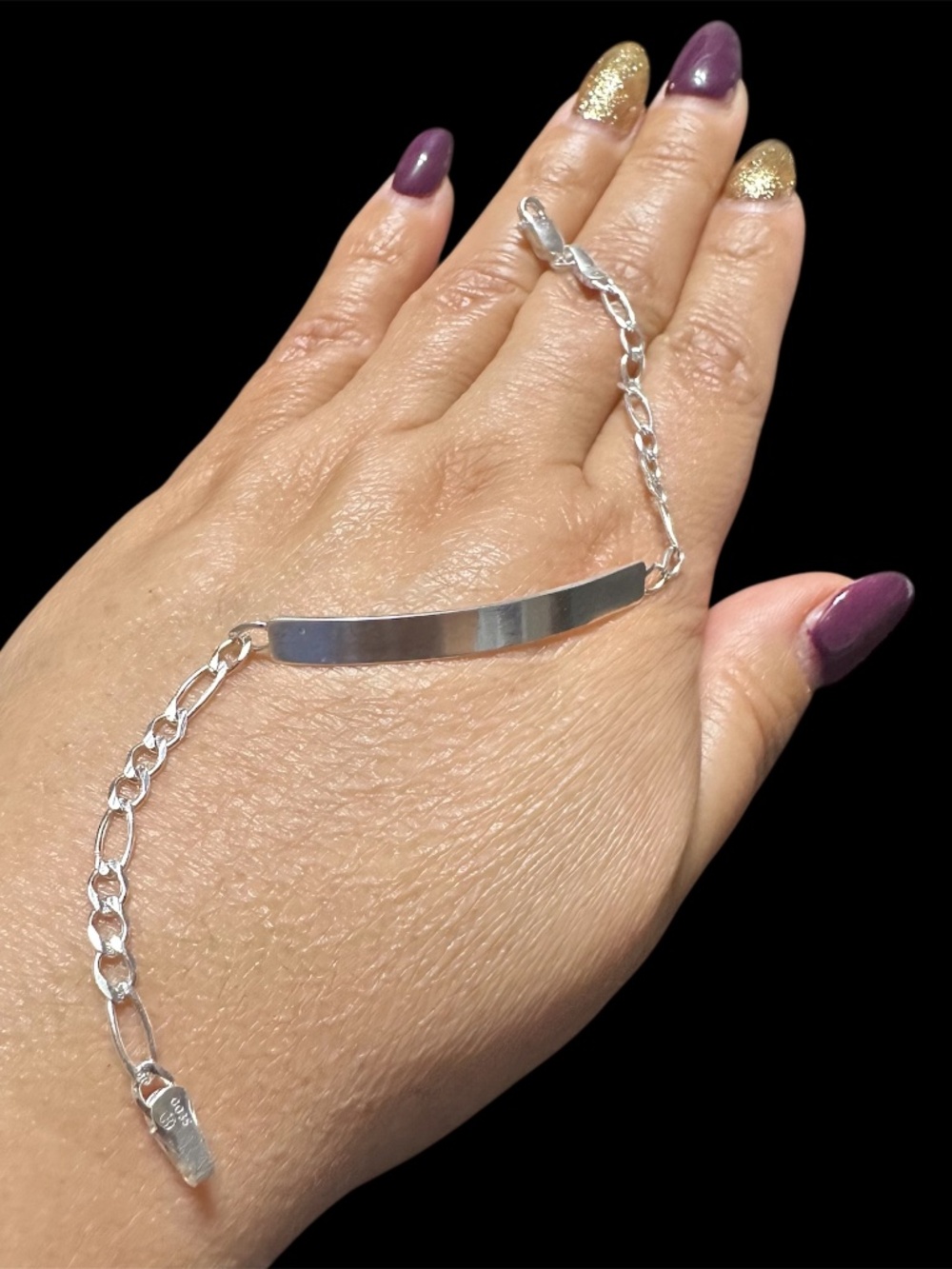 Silver .925 -Handmade-4mm/7in -Figaro -ID Name Plate -Chain Bracelet